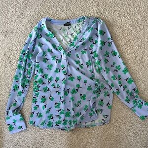 Ann Taylor Floral Button-Up Blouse - Light Blue and Green